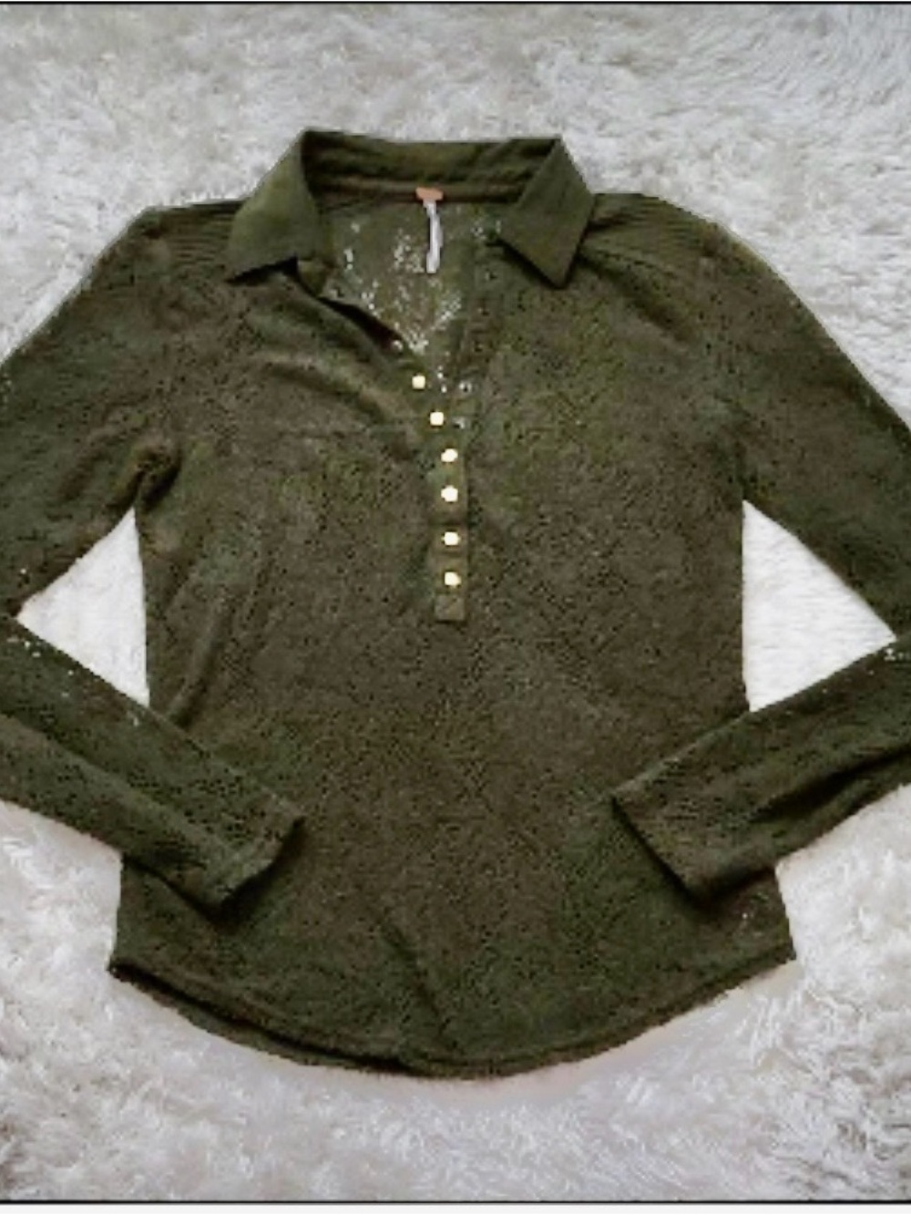 Free People Olive Green Lace Button-Front Polo Shirt - Picture 6 of 6